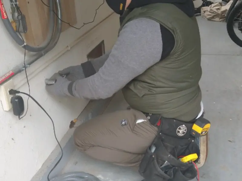 Electrician performing outlet wiring in a Dayton garage
